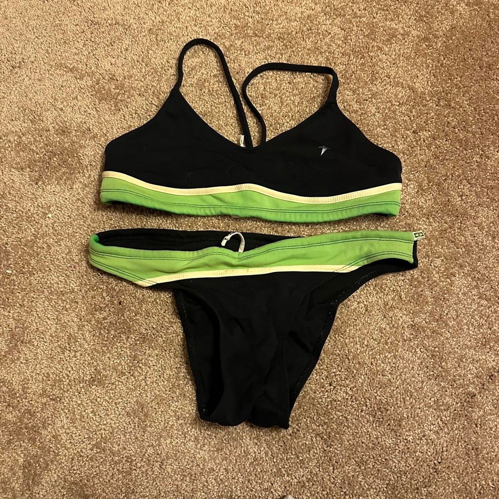 Fabiola black bikini with green and cream‎ trim